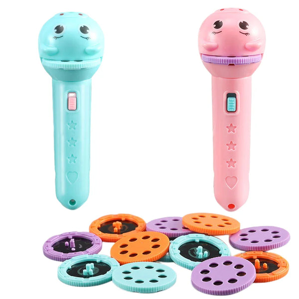 A set of multi-theme projection flashlights for kids in various colors including teal and pink.