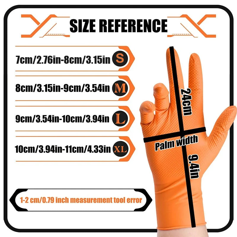 Guantes de trabajo de nitrilo naranja con tabla de referencia de tallas para S, M, L y XL.
