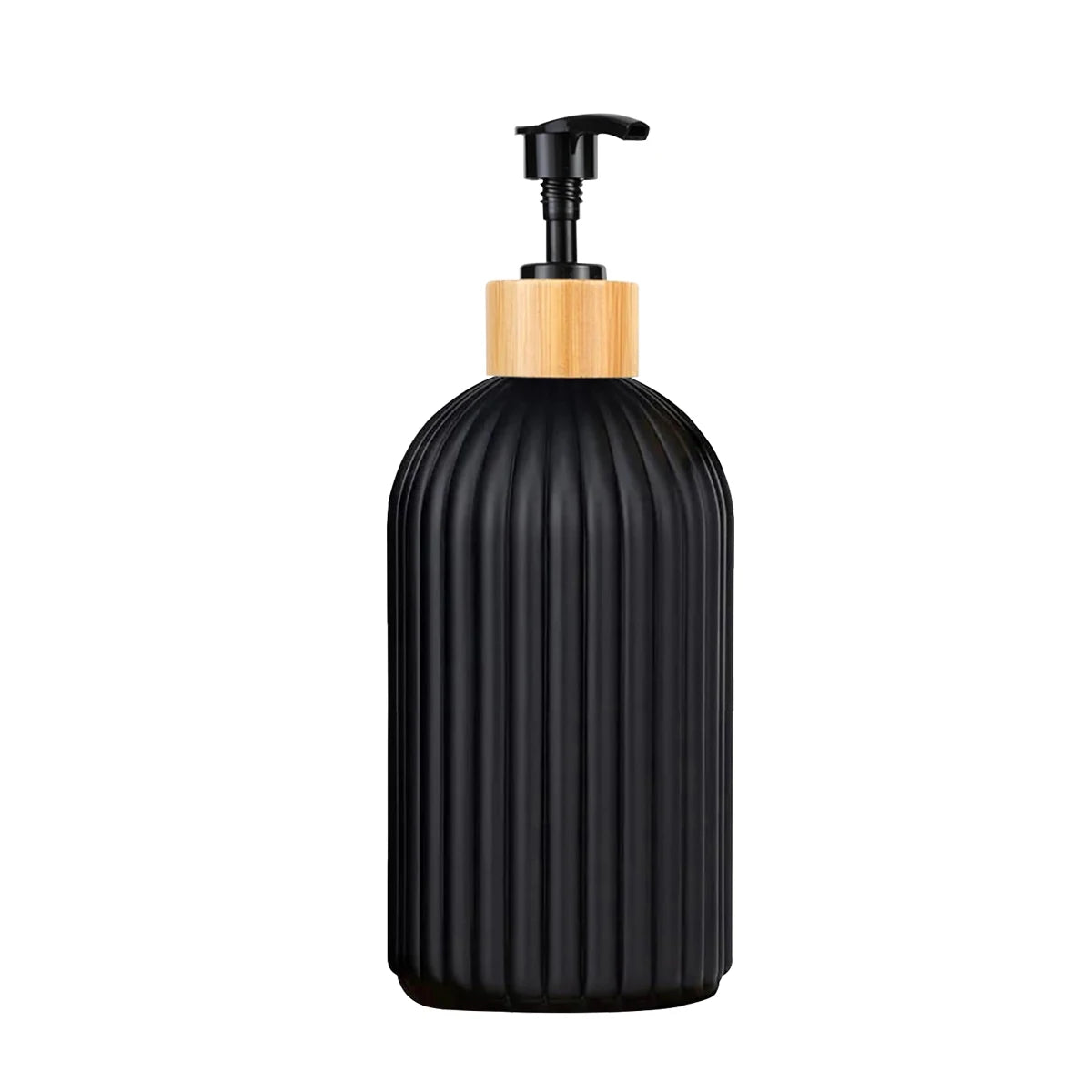 Black and wood pump dispenser for bathroom counter organization