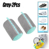 Two grey zippered laundry bags for shoe cleaning, shown next to various types of shoes.