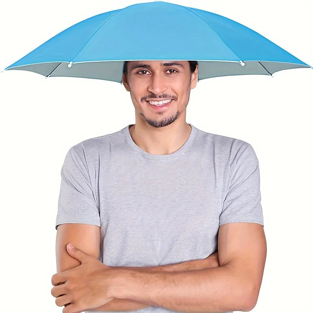 A man wearing a light blue head-mounted umbrella hat for sun and rain protection.