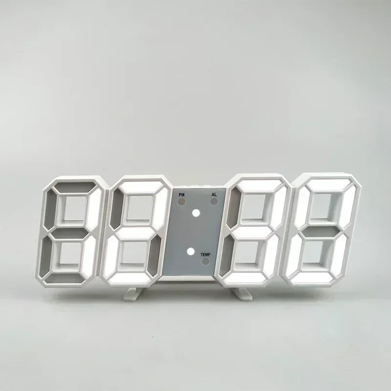 A white digital alarm clock with seven 7-segment displays and a small panel showing PM, AL, and TEMP.