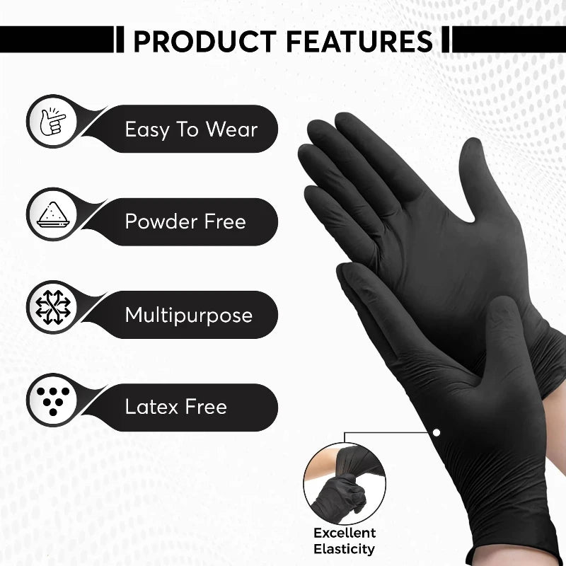 Black heavy duty disposable work gloves shown with features like easy to wear, powder free, multipurpose, and latex free.