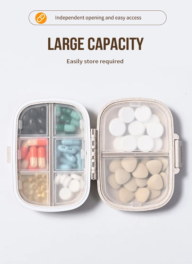 A portable pill organizer with an airtight seal is shown open, displaying various compartments filled with pills and capsules