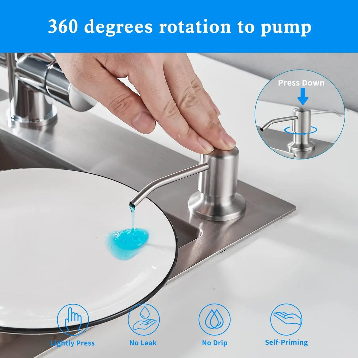 Stainless steel liquid soap dispenser with a hand pressing down to dispense soap onto a plate