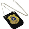 A gold-colored police officer badge with a blue star emblem and justice text on a black background.