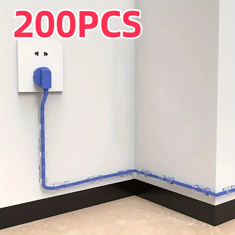 A blue adhesive cable clip is shown running from a power outlet to the floor, demonstrating cable management.