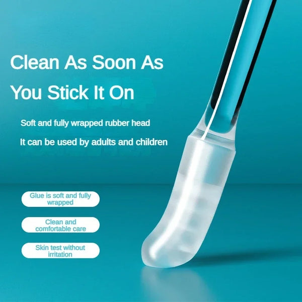 A clear silicone ear cleaning swab is shown with text describing its features for adults and children.