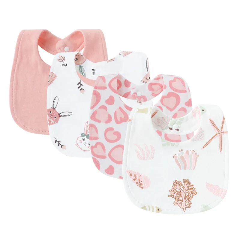 A pack of four soft cotton baby bibs in pink and white with various cute animal prints