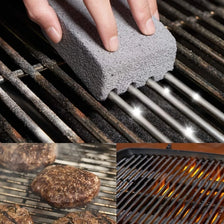A hand is using a gray pumice BBQ grill cleaning brush to scrub food residue off metal grill grates.