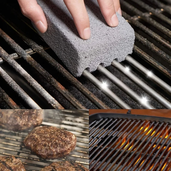 A hand is using a gray pumice BBQ grill cleaning brush to scrub food residue off metal grill grates.