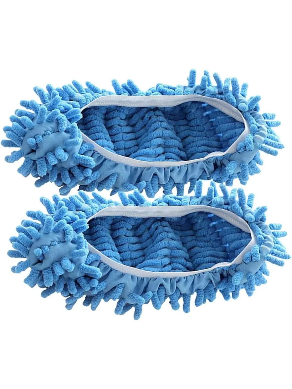 Ein Paar blaue Mikrofaser-Staubschuhs mit hellem grauem Rand.