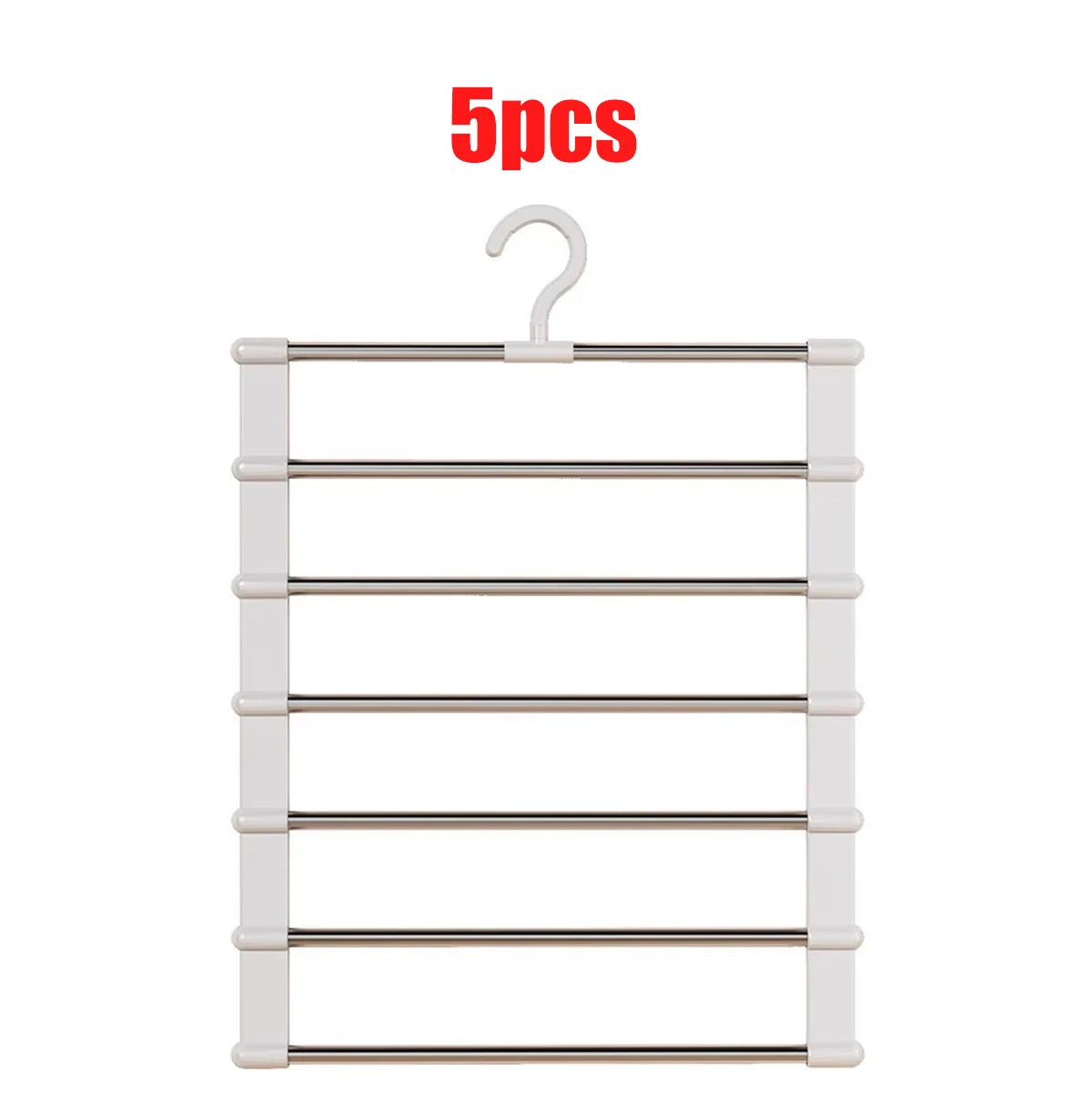Five pieces of a space-saving foldable multi-layer pants hanger with non-slip clips.