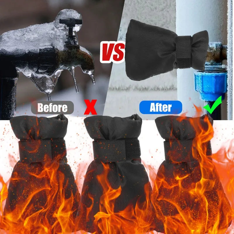 Comparison showing an outdoor faucet cover before and after winter freeze protection.