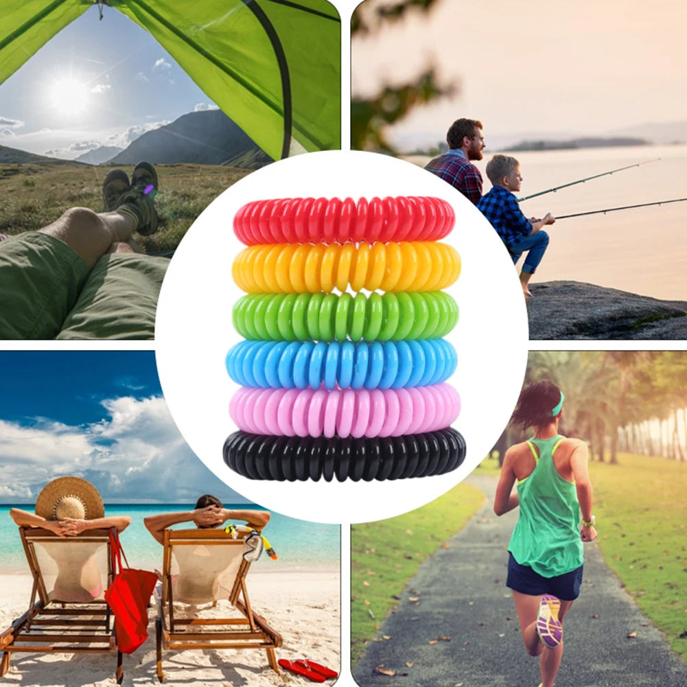 A stack of ten natural mosquito repellent bracelets in various colors, including red, yellow, green, blue, pink, and black.