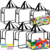Collection de sacs de rangement en maille noire avec poignées et articles en plastique colorés à l'intérieur.
