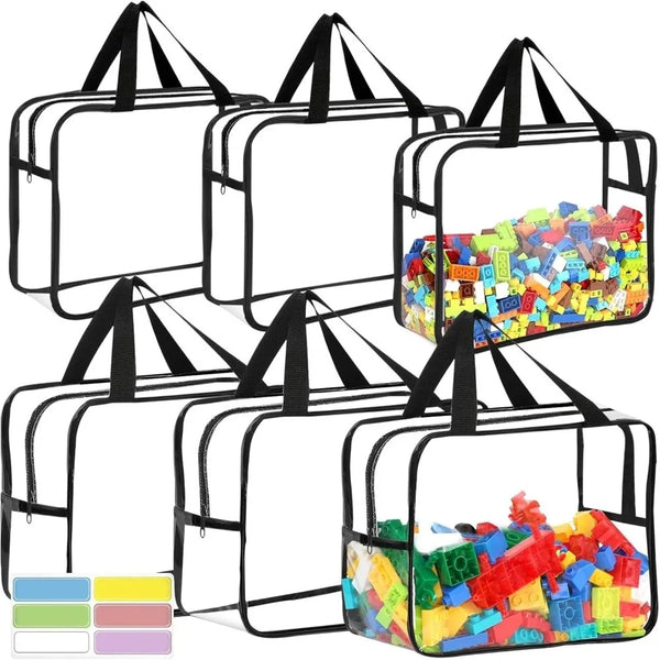 A collection of black mesh storage bags with handles and colorful plastic items inside.