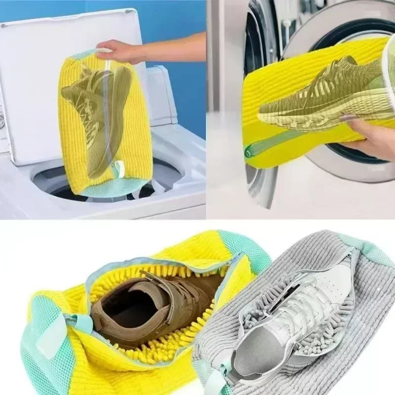 Yellow and gray laundry bags designed to protect shoes during machine washing