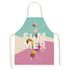 A custom printed linen apron featuring a watercolor illustration of ice cream cones in shades of green, yellow, and pink.