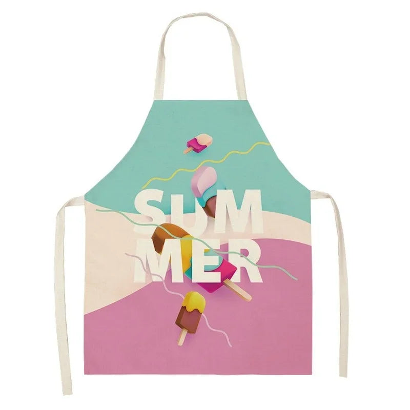 A custom printed linen apron featuring a watercolor illustration of ice cream cones in shades of green, yellow, and pink.