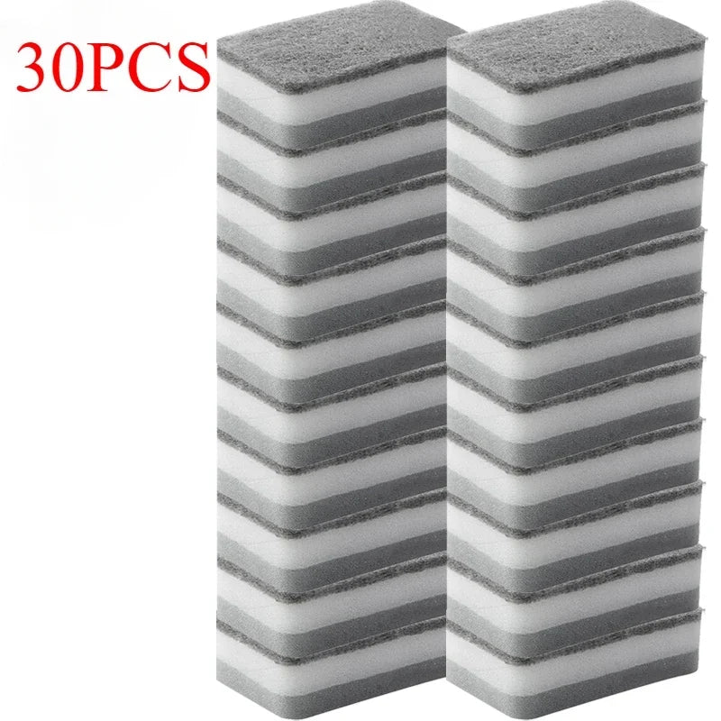 A stack of 30 reusable double-sided kitchen cleaning sponges with gray and white stripes.