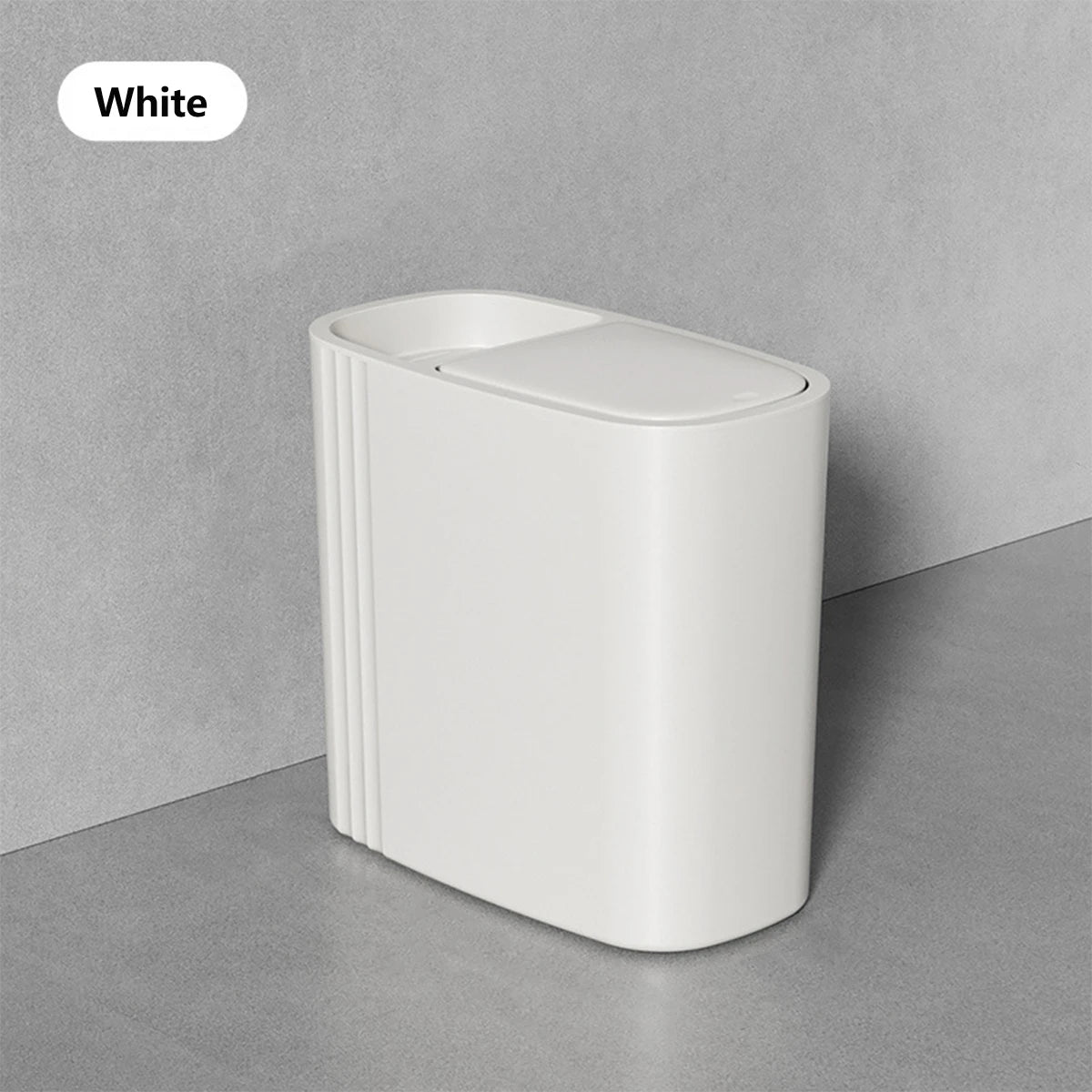 A white odor-sealing trash can with a press lid, shown in a side view against a gray background.