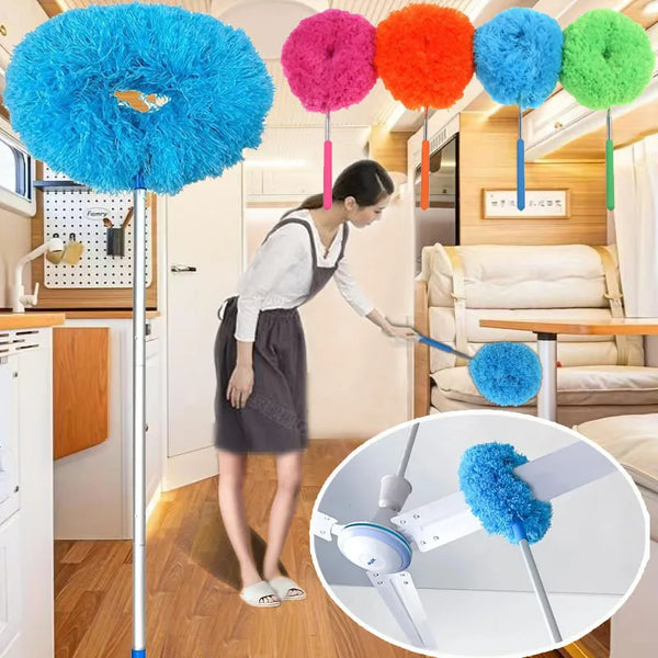 A woman is using an extendable microfiber duster on a wooden floor, demonstrating the cleaning tool.