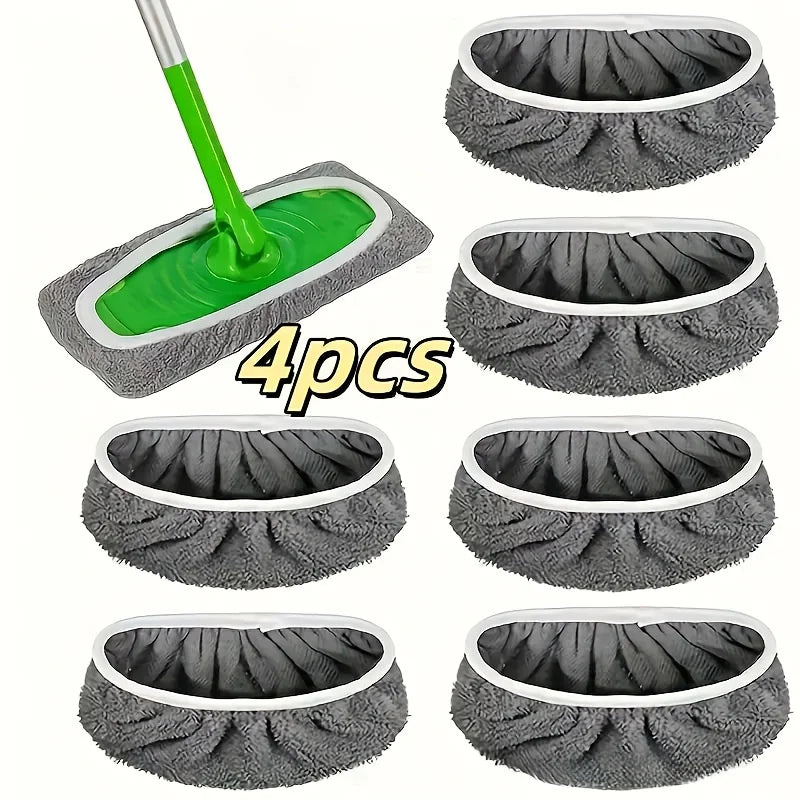 A set of four reusable ultra-fine fiber mop pads in gray and green colors.