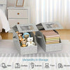 Gray fabric hat storage box with a zipper and various fabric items displayed on a striped mat.