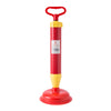A red and yellow heavy-duty toilet plunger and drain cleaning pump.