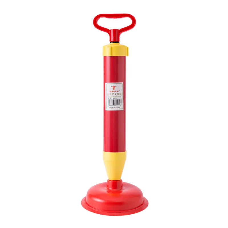 A red and yellow heavy-duty toilet plunger and drain cleaning pump.