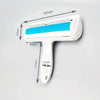 A white manual pet hair remover roller with a blue bristled head and a handle.