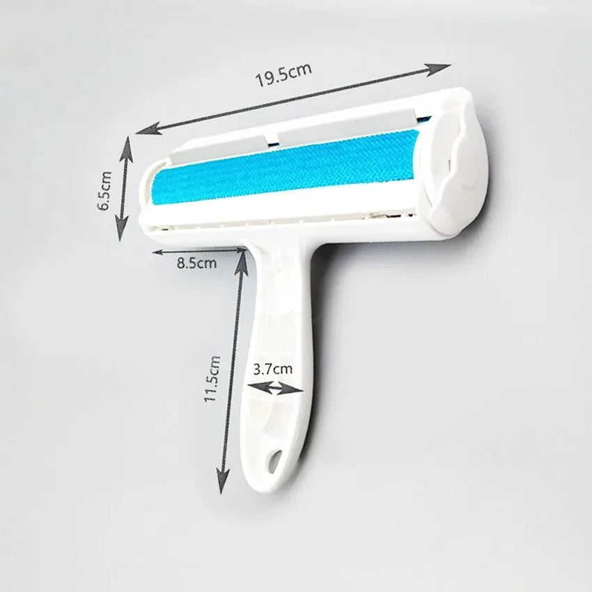 A white manual pet hair remover roller with a blue bristled head and a handle.