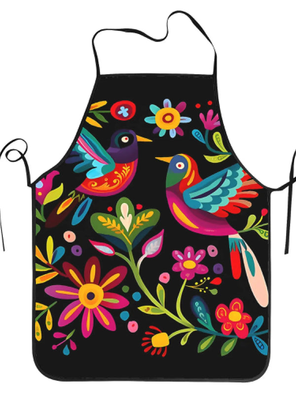 Black apron featuring colorful floral and bird embroidery designs.