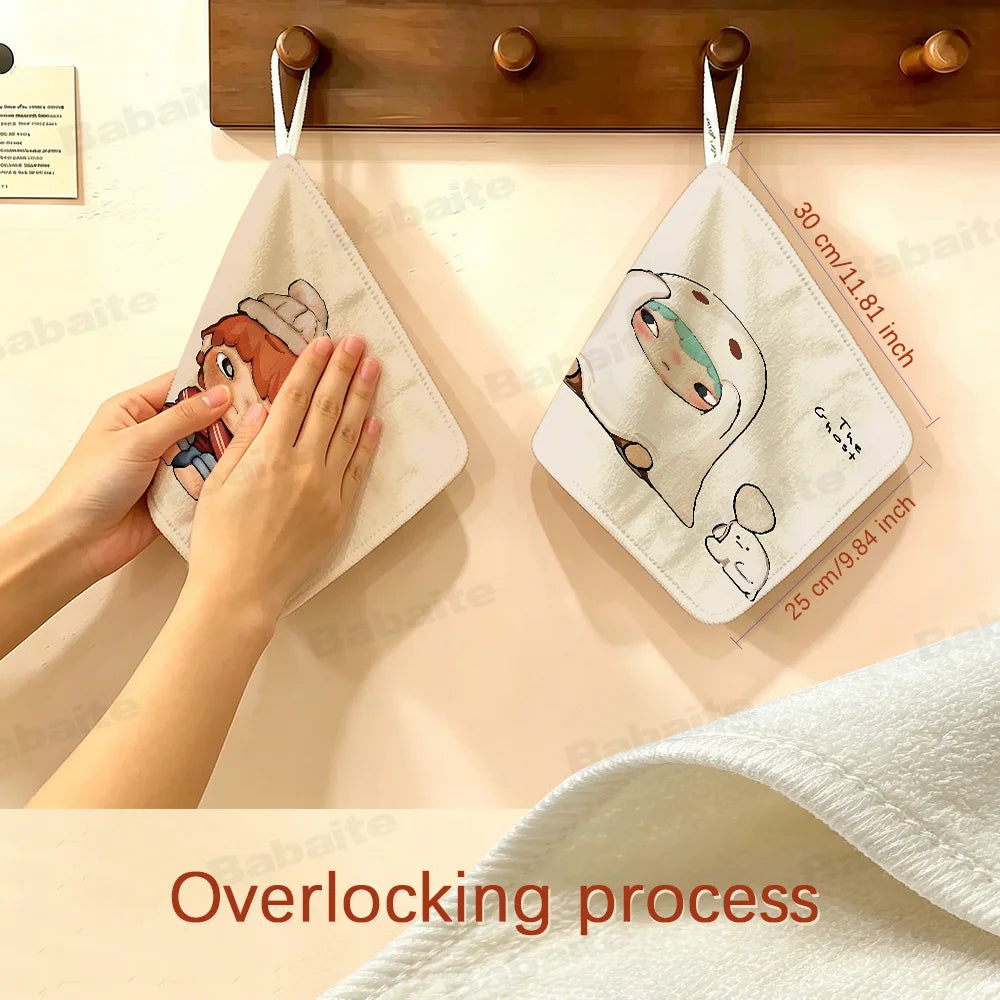 Hands are sewing or overlocking a white Totoro cartoon hanging hand wiping towel onto a wooden rack.