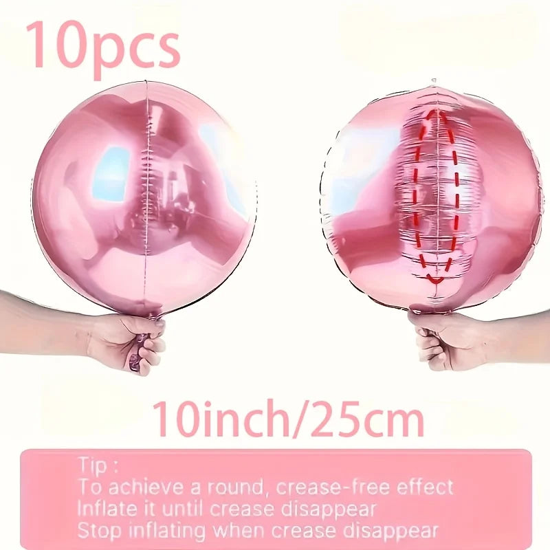 Un juego de diez globos de aluminio rosa, mostrando estados inflados y desinflados.