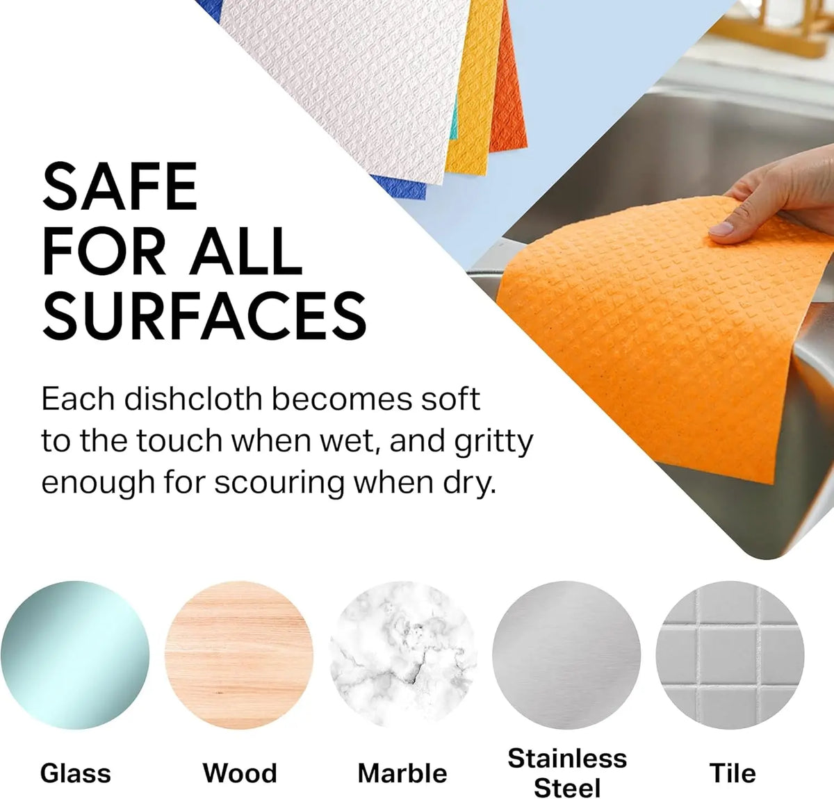A set of reusable microfiber dishcloths shown next to various surfaces including glass, wood, marble, and stainless steel.