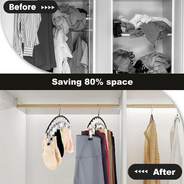 Vorher-Nachher-Vergleich, der zeigt, wie Multi-Clip-Haken 80 % Platz in einem Kleiderschrank sparen.