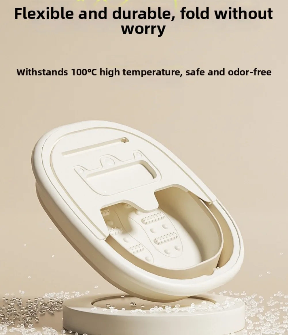 A white portable foldable foot bath tub is shown open, resting on a round base.