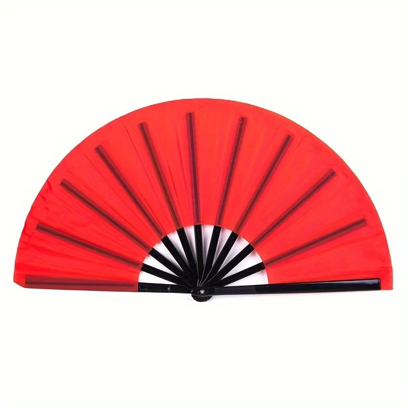 A bright red handheld folding fan with black ribs and a white center.