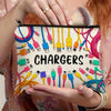 A zippered pouch filled with various electronic chargers and cables for travel or desk organization.