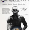 A black and white photo of Adesanya in a fight stance, featuring text about him as 'The Last Stylebender'.