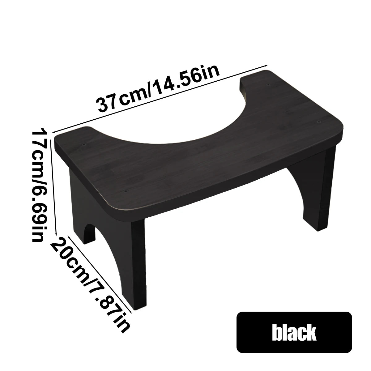 A black portable bamboo toilet squat stool shown with dimensions 37cm/14.56in long and 20cm/7.87in high.