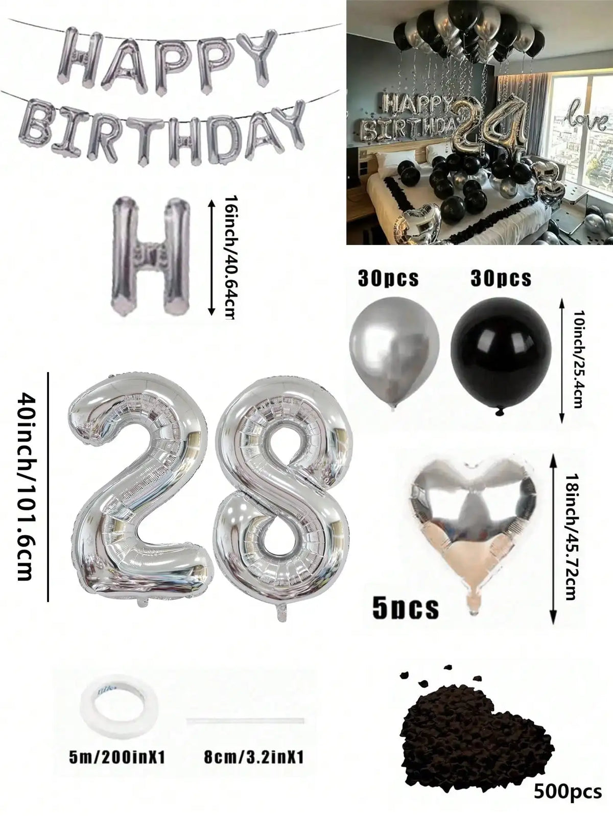 Un juego de globos con números en papel metálico plateado y negro, formas de corazón y confeti.