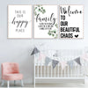 Three framed canvas prints with quotes about family and chaos featuring green leaves for wall decor