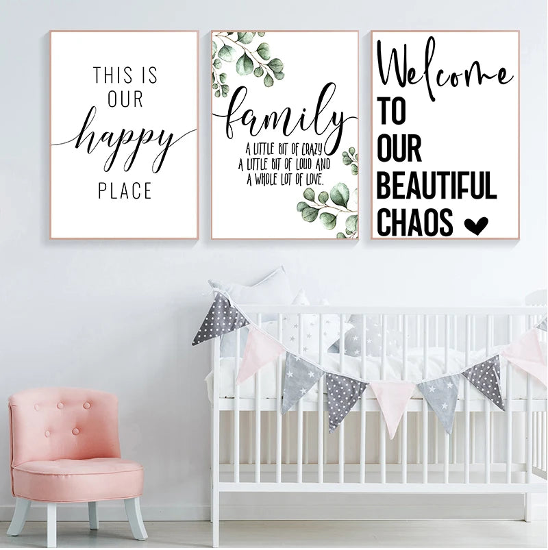 Three framed canvas prints with quotes about family and chaos featuring green leaves for wall decor