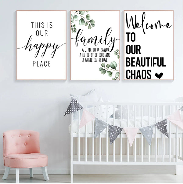 Three framed canvas prints with quotes about family and chaos featuring green leaves for wall decor