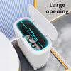 A white slim hands-free trash can with a large opening displaying a measurement of 27.1cm.