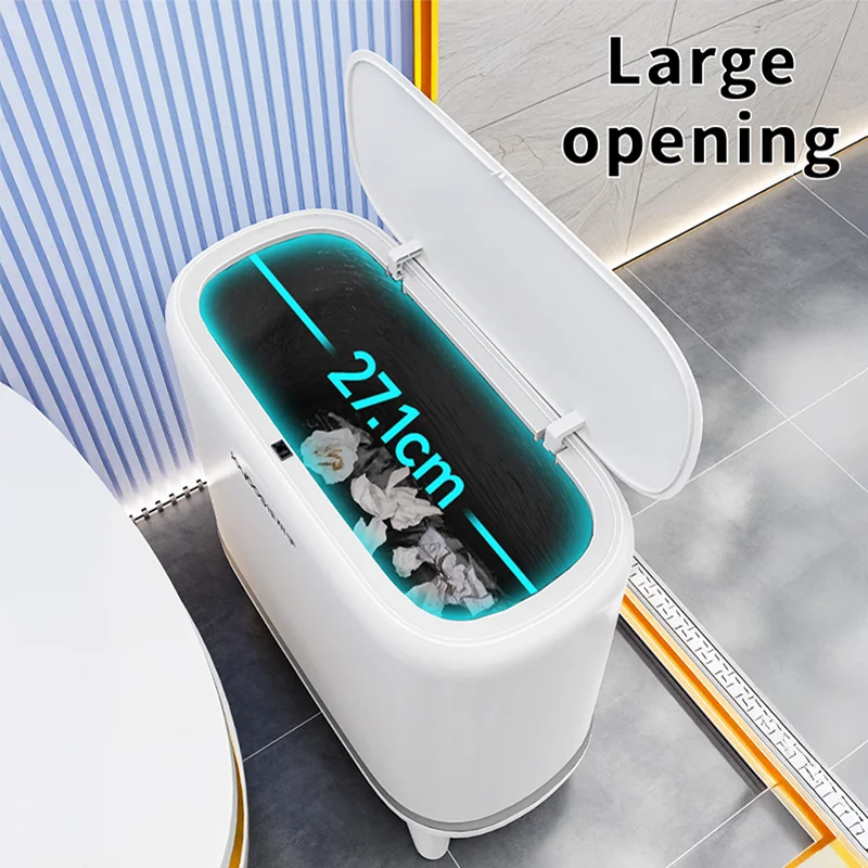 A white slim hands-free trash can with a large opening displaying a measurement of 27.1cm.