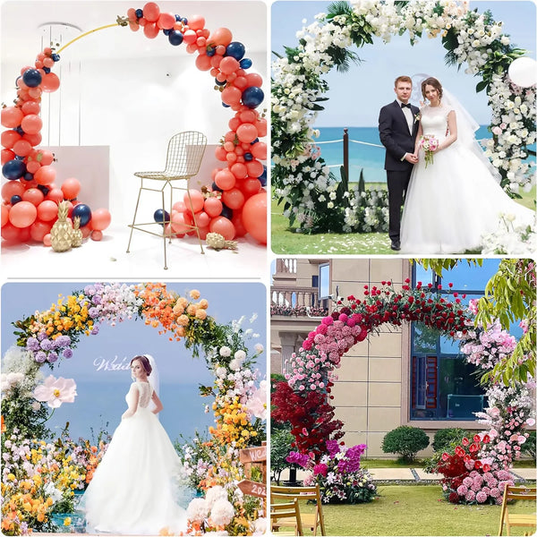 A woman in a white wedding dress stands within an elaborate floral arch decorated with pink, red, and purple flowers.